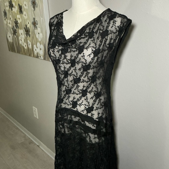 Sundance Black Lace Sheer Midi Dress S Goth Romantic Stretch - Picture 3 of 5